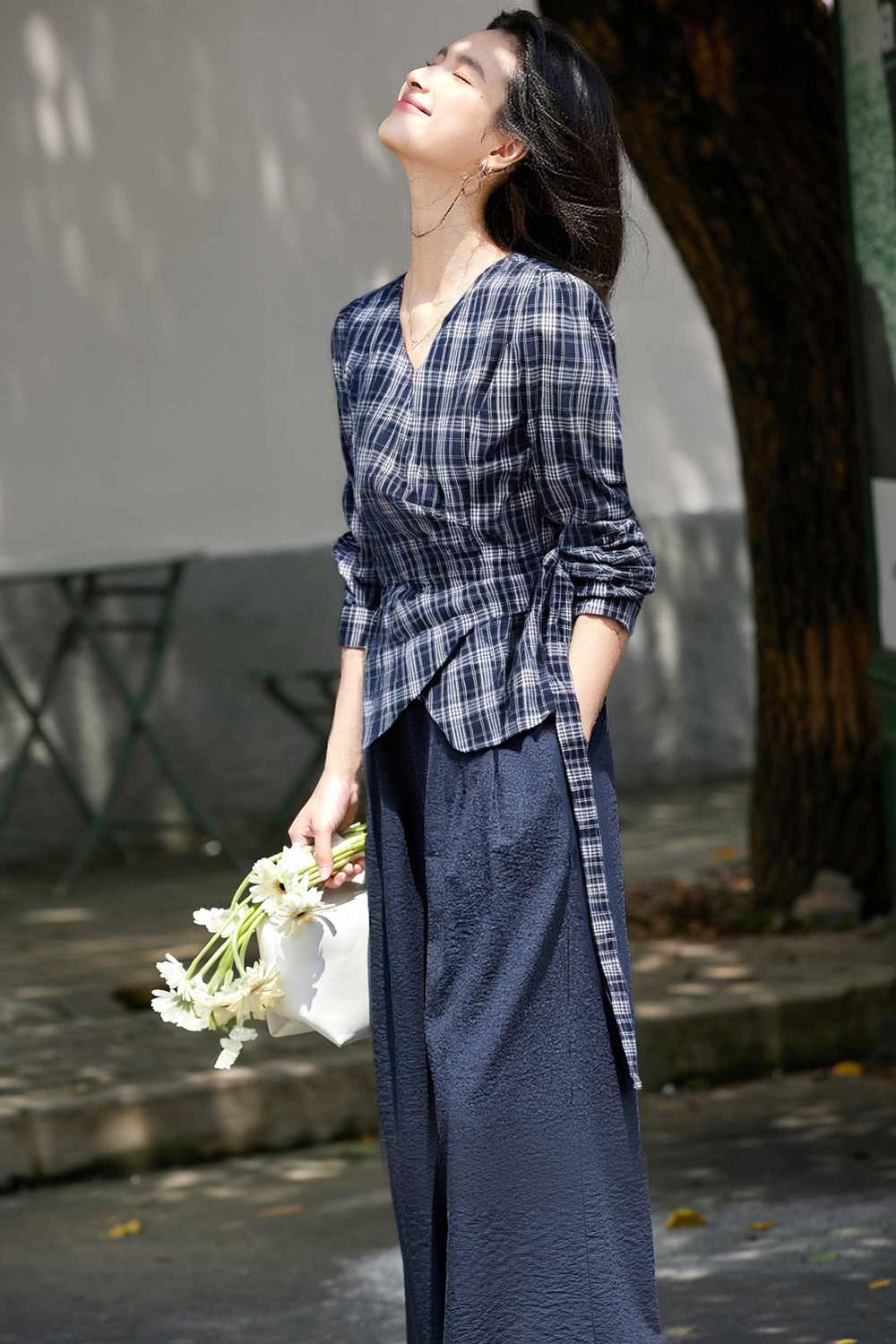 Blue plaid shirt and wide-leg pants-VIMLYSTORE