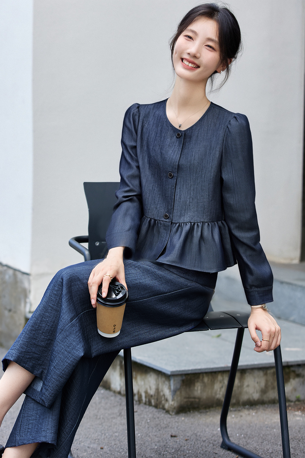 Navy Fluid-Knit Top & Wide-Leg Pants Coordinated Set-VIMLYSTORE