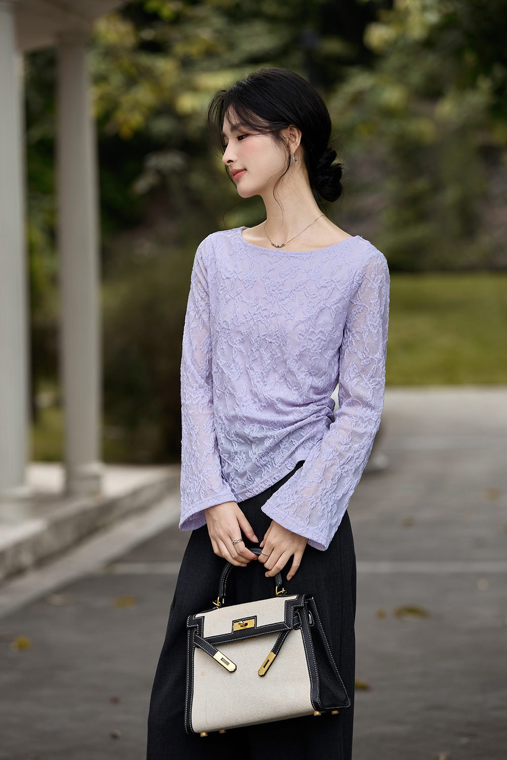 Lace-Trimmed Boatneck Top with Smocked Waist-VIMLYSTORE