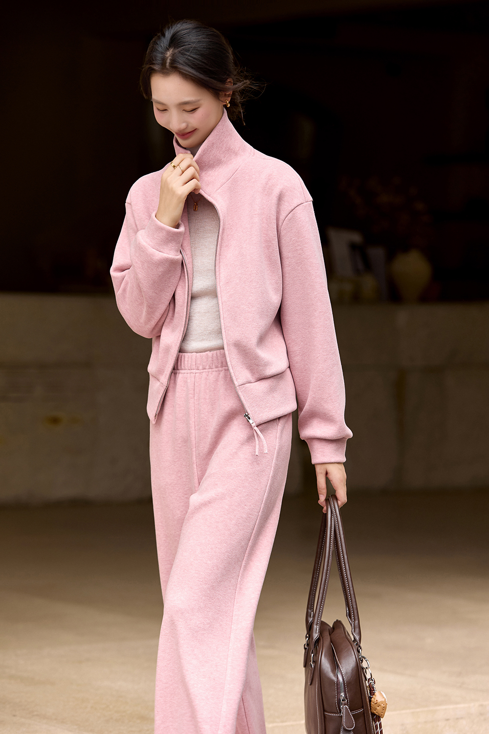 Pink stand collar zipper tracksuit