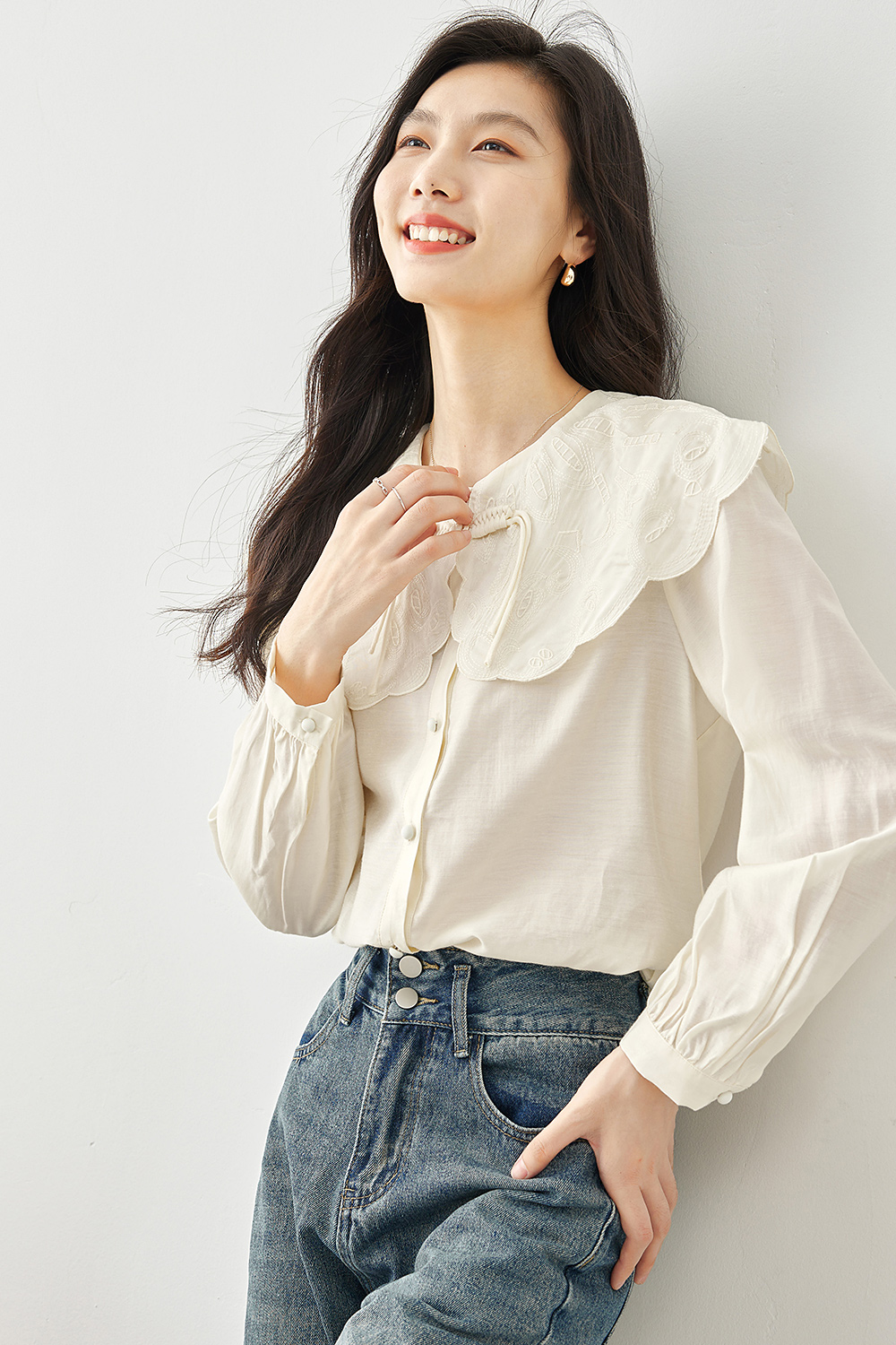 Doll collar traditional-style shirt-VIMLYSTORE