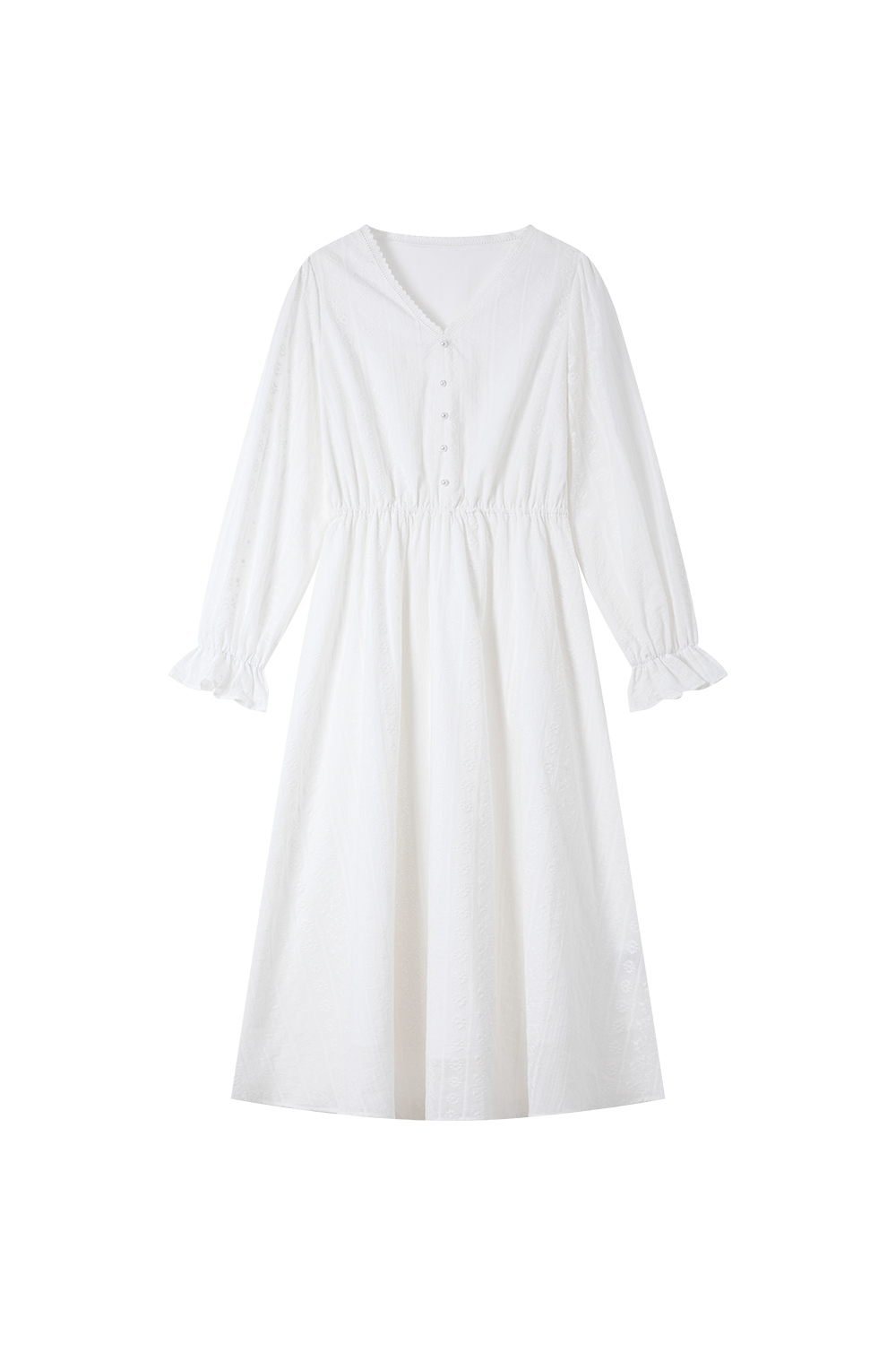 Luxe White Cotton V-Neck Dress with Lace Embroidery & Belted Waist-VIMLYSTORE