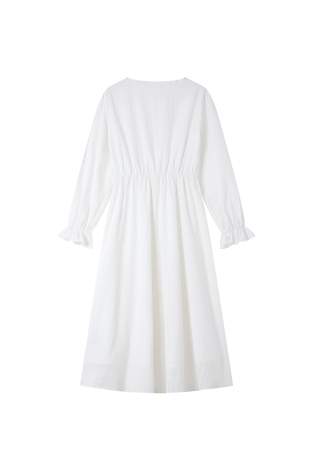Luxe White Cotton V-Neck Dress with Lace Embroidery & Belted Waist-VIMLYSTORE