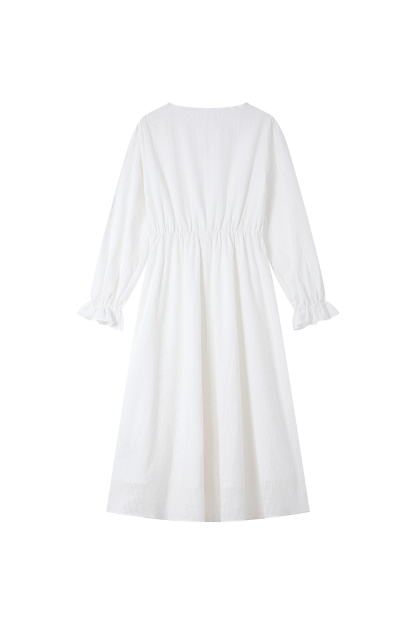 Luxe White Cotton V-Neck Dress with Lace Embroidery & Belted Waist-VIMLYSTORE
