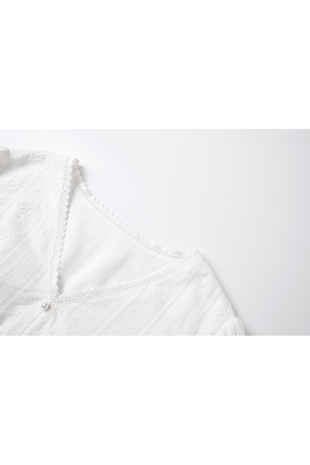 Luxe White Cotton V-Neck Dress with Lace Embroidery & Belted Waist-VIMLYSTORE
