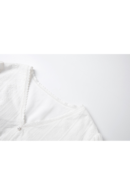 Luxe White Cotton V-Neck Dress with Lace Embroidery & Belted Waist-VIMLYSTORE