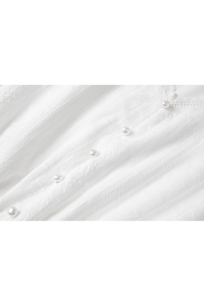 Luxe White Cotton V-Neck Dress with Lace Embroidery & Belted Waist-VIMLYSTORE