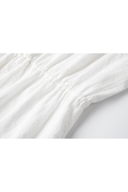 Luxe White Cotton V-Neck Dress with Lace Embroidery & Belted Waist-VIMLYSTORE