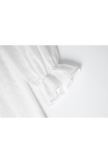 Luxe White Cotton V-Neck Dress with Lace Embroidery & Belted Waist-VIMLYSTORE