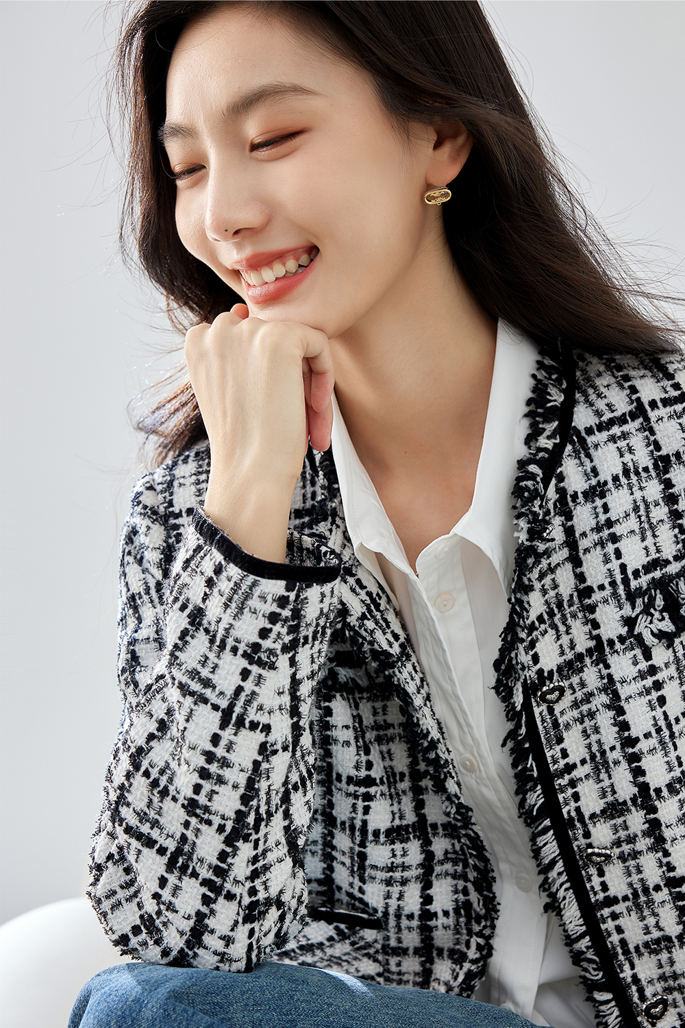 Tweed fabric black and white plaid thick coat