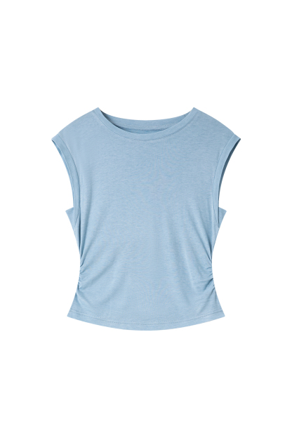 Office-Chic Ruched Waist Top with Round Neck