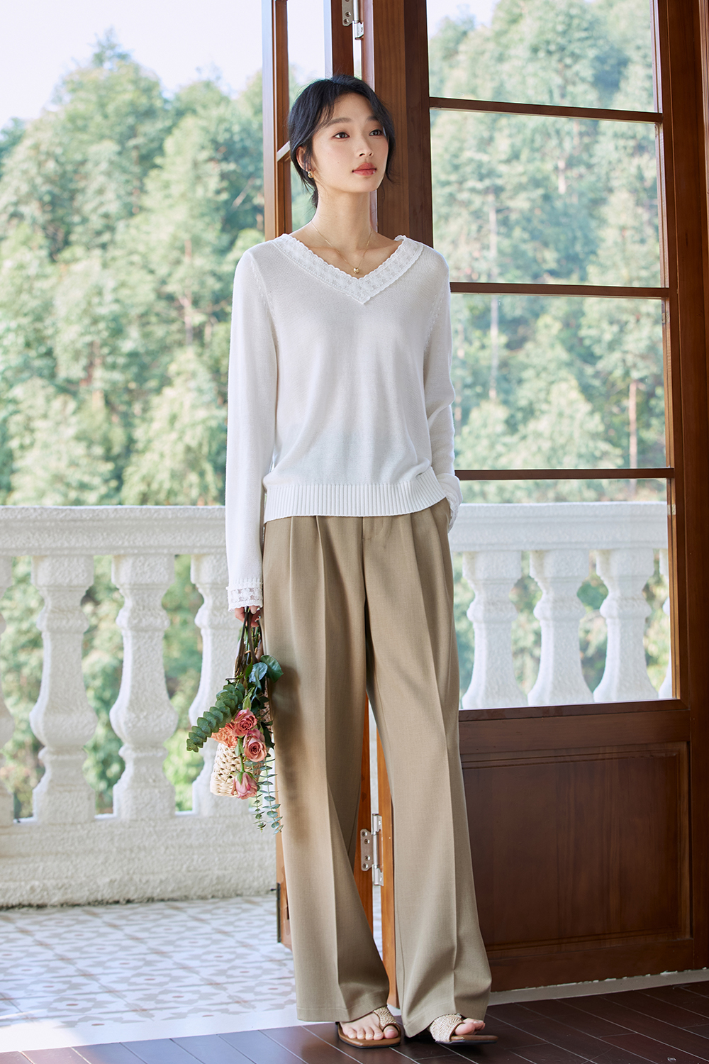 V-Neck Lace-Trimmed Oversized Knit Tee-VIMLYSTORE