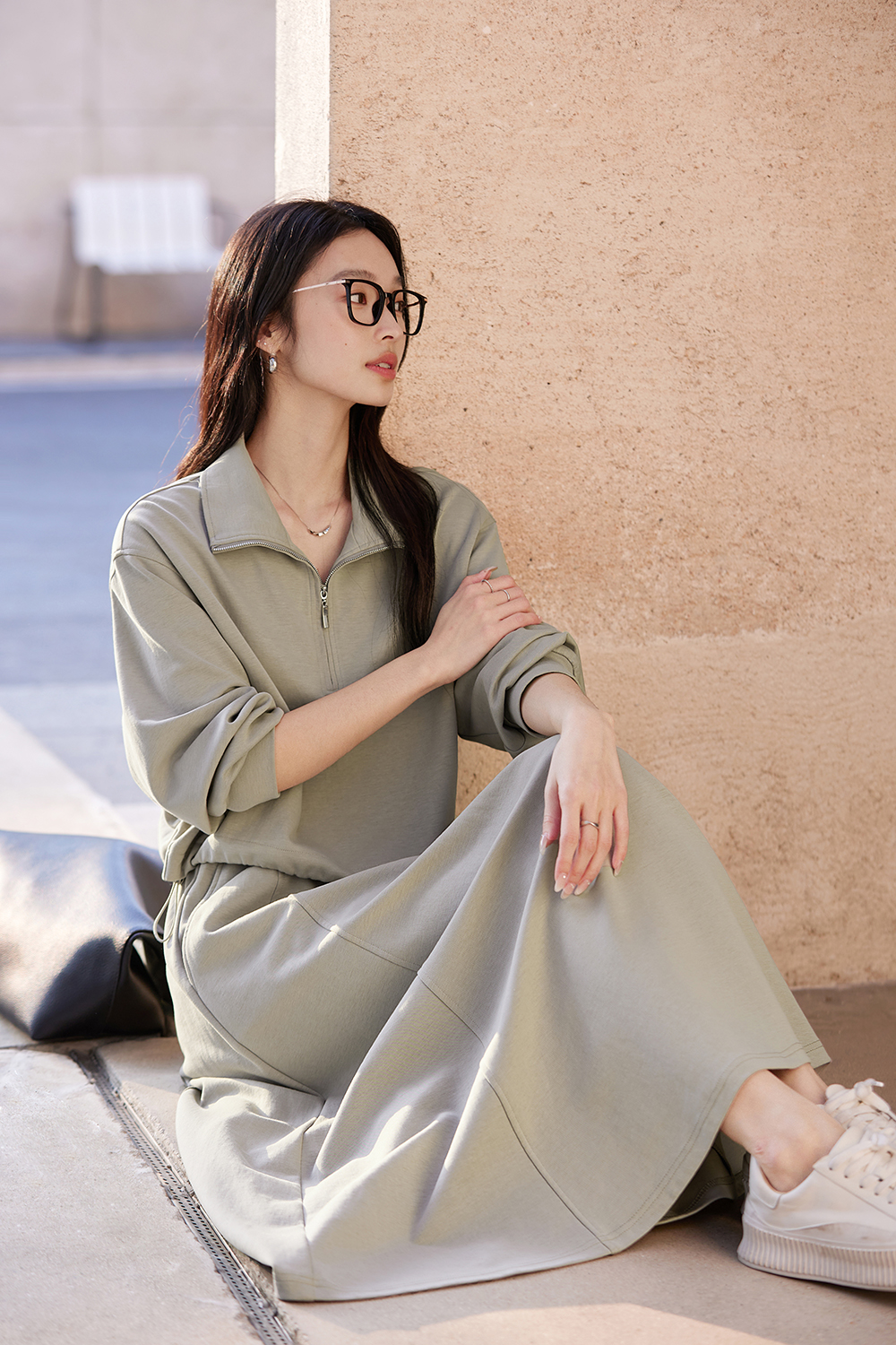 Notch-Neck Top & Skirt with Sweatshirt Layering Set-VIMLYSTORE