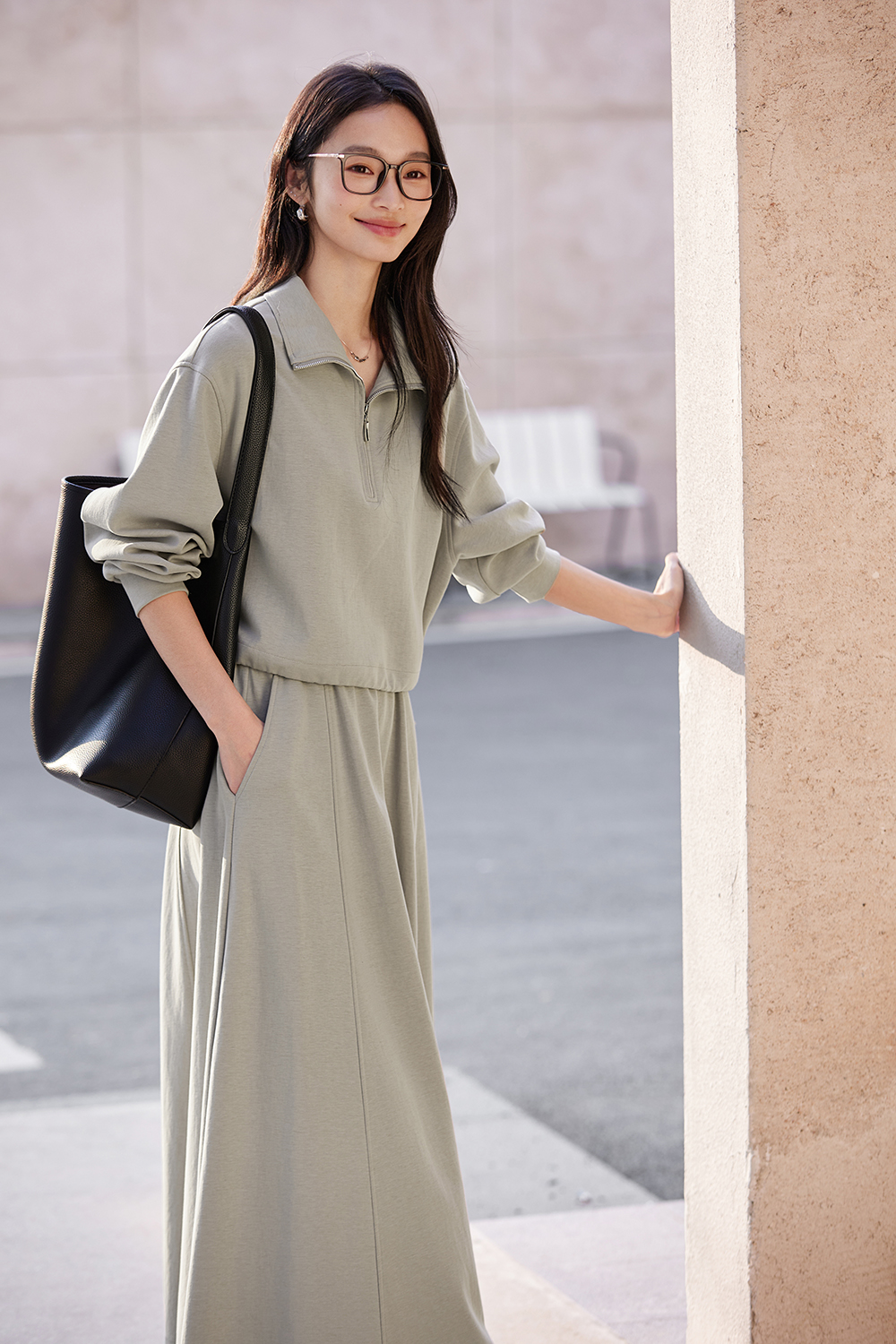 Notch-Neck Top & Skirt with Sweatshirt Layering Set-VIMLYSTORE