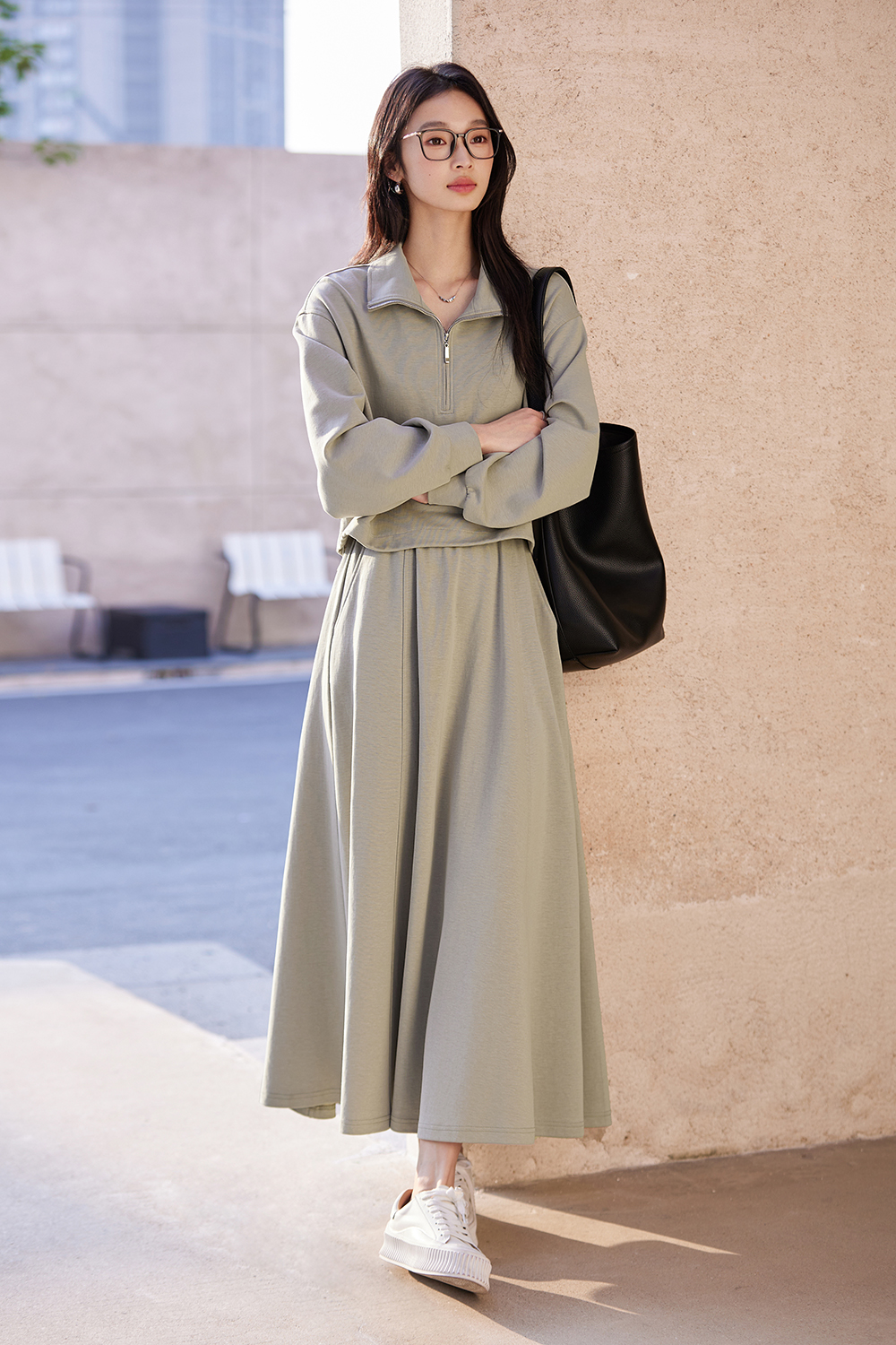 Notch-Neck Top & Skirt with Sweatshirt Layering Set-VIMLYSTORE