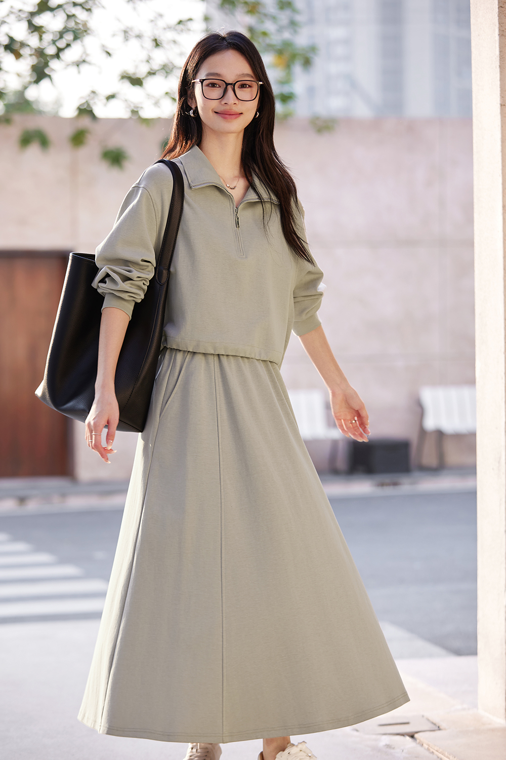 Notch-Neck Top & Skirt with Sweatshirt Layering Set-VIMLYSTORE