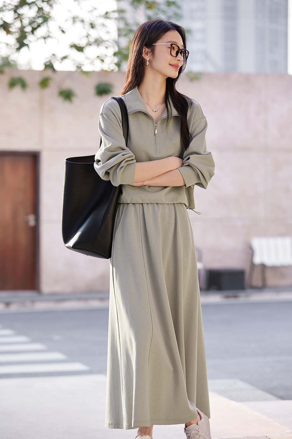 Notch-Neck Top & Skirt with Sweatshirt Layering Set-VIMLYSTORE