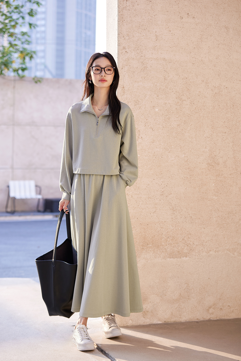 Notch-Neck Top & Skirt with Sweatshirt Layering Set-VIMLYSTORE