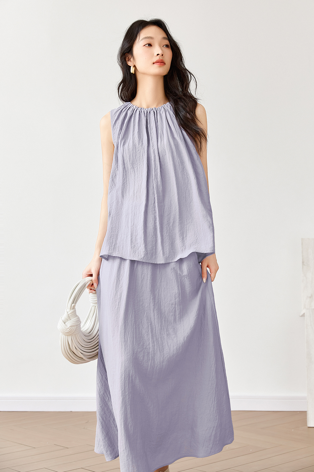 French-Casual Round Neck Sleeveless Top with Flowy Skirt Set-VIMLYSTORE