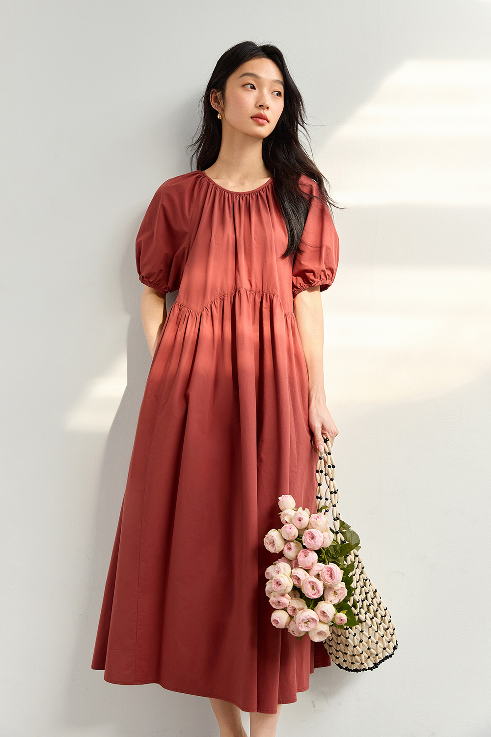Minimalist Cotton Puff-Sleeve Relaxed Dress-VIMLYSTORE