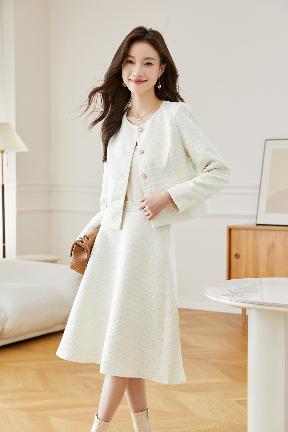 Round Neck A-Line Skirt Suit