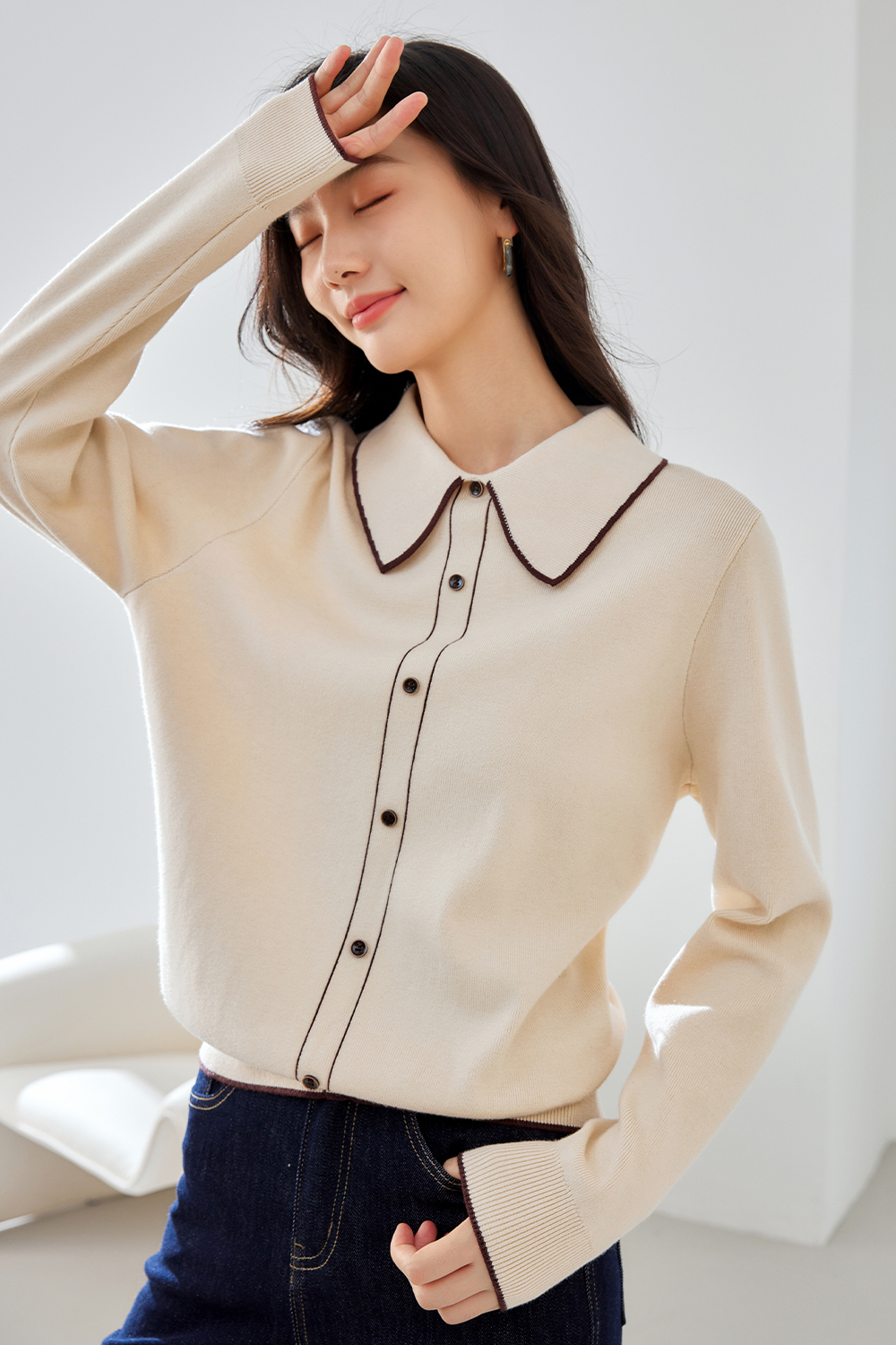 Color-Blocked Lapel Knit Sweater