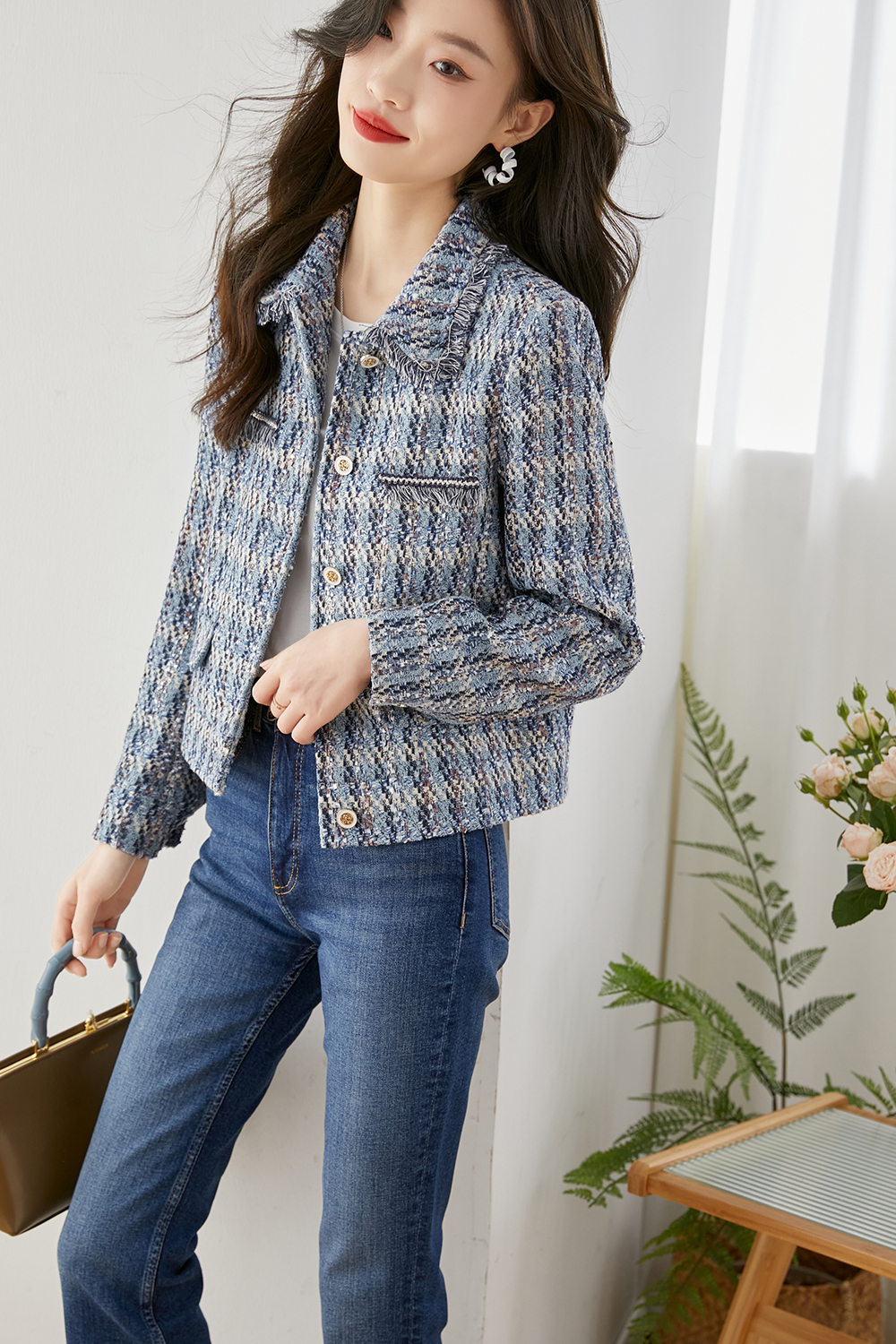 Lapel Blended Checkered Jacket-VIMLYSTORE