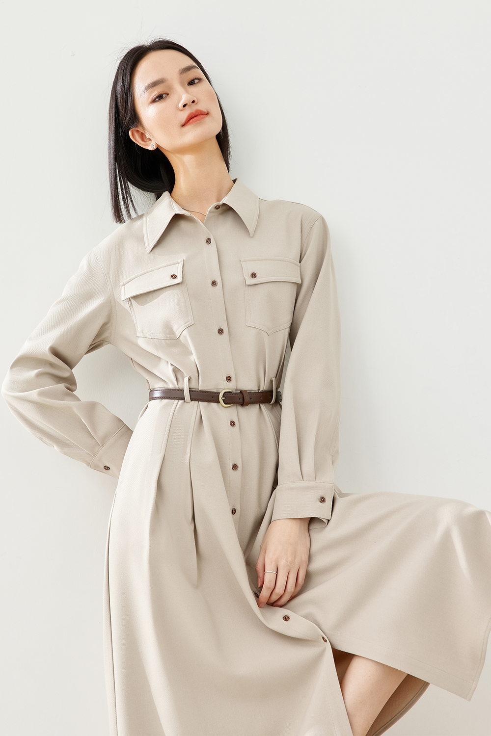 Turn-down Collar Cinched Waist Dress