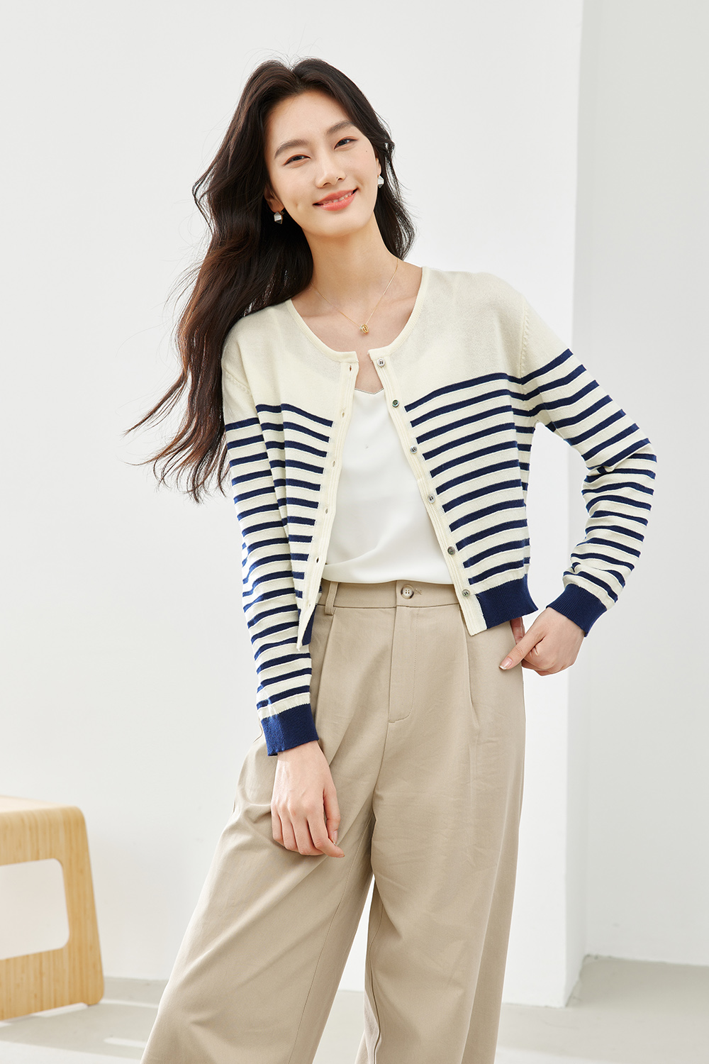 Apricot Blue Striped Knit Cardigan-VIMLYSTORE