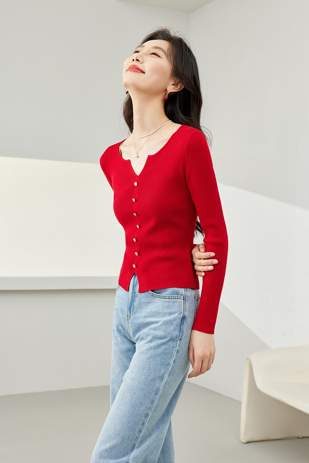 Thin V-neck knit Sweater-VIMLYSTORE