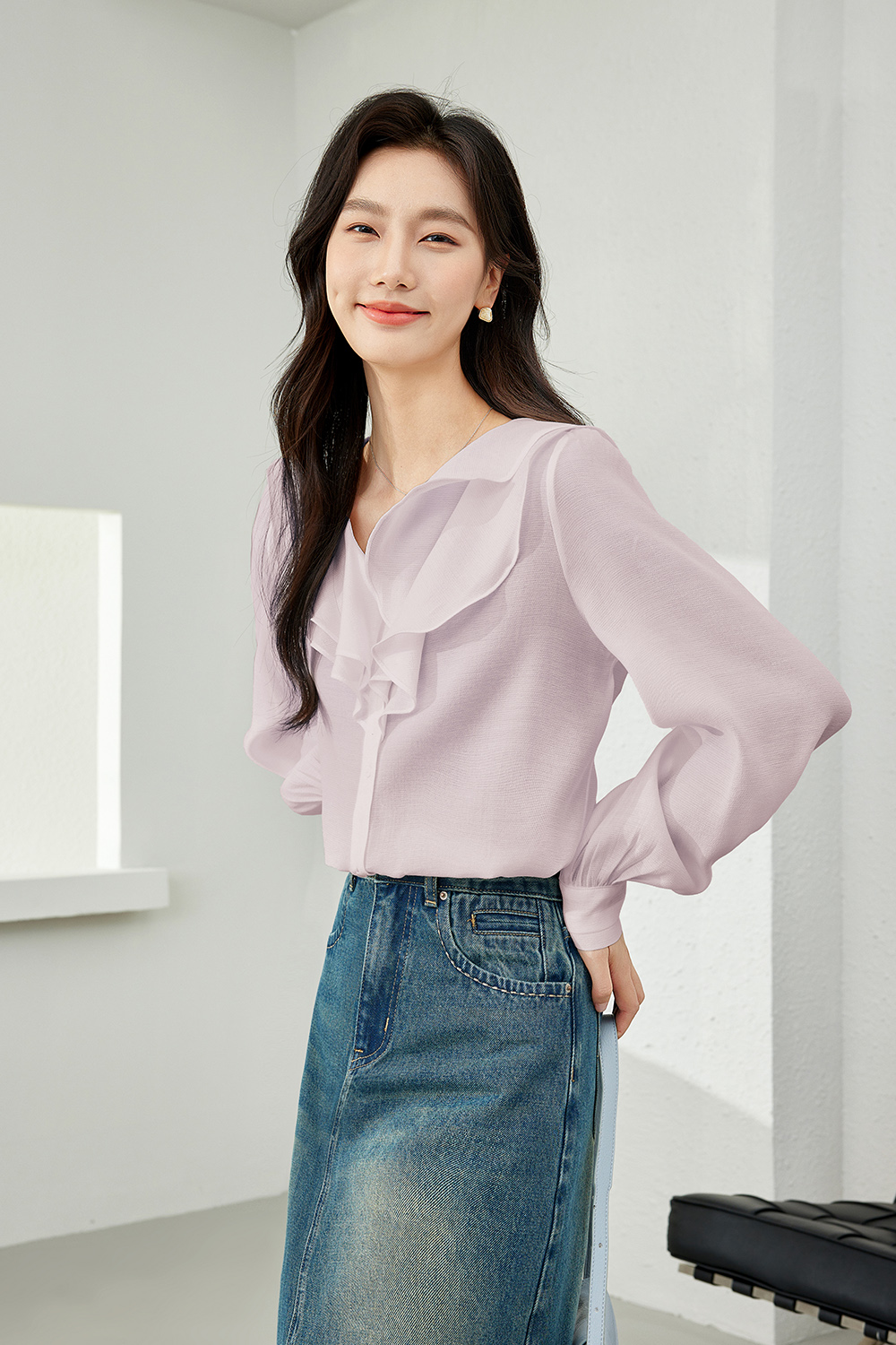 Ruffle Collar Solid Color Chiffon Shirt-VIMLYSTORE