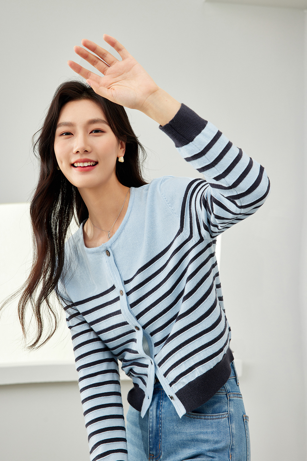 Apricot Blue Striped Knit Cardigan-VIMLYSTORE