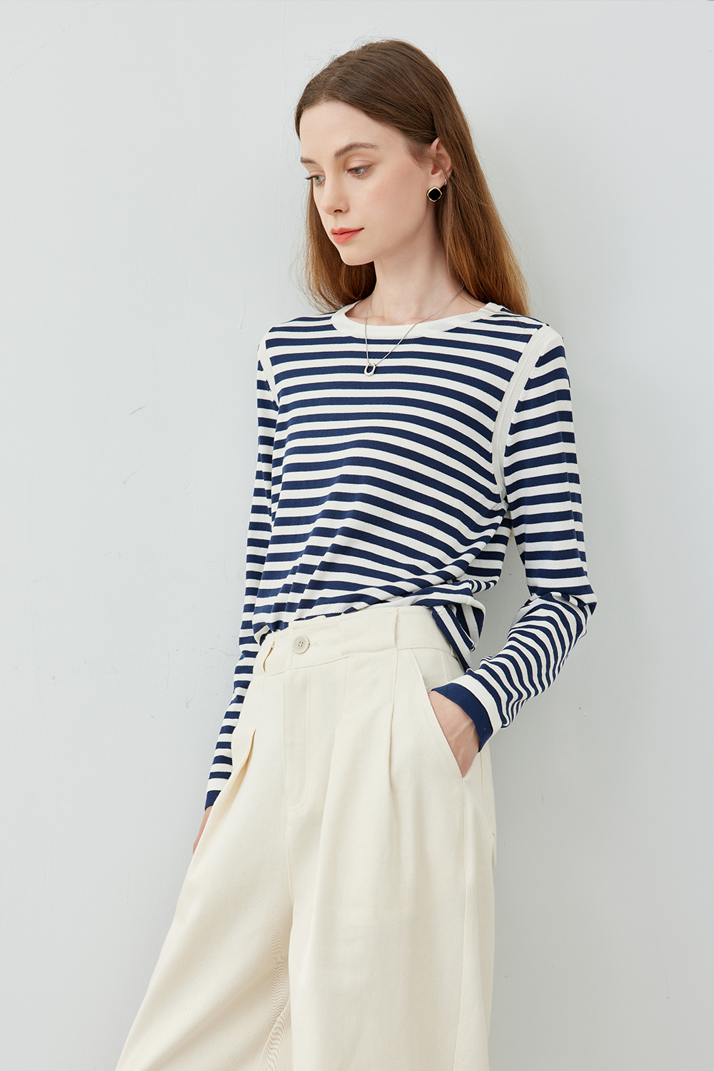 Round Neck Striped Knit Sweater-VIMLYSTORE