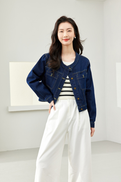 Round Neck Denim Short Jacket-VIMLYSTORE.com