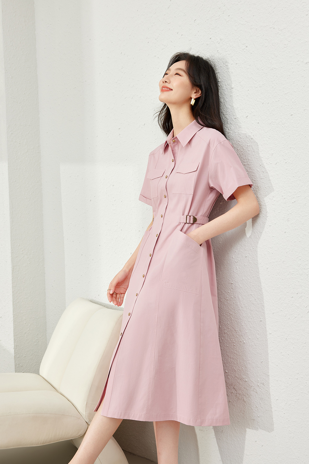 Polo Collar Shirt Dress-VIMLYSTORE