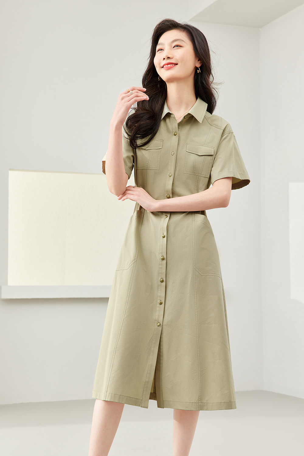 Polo Collar Shirt Dress-VIMLYSTORE
