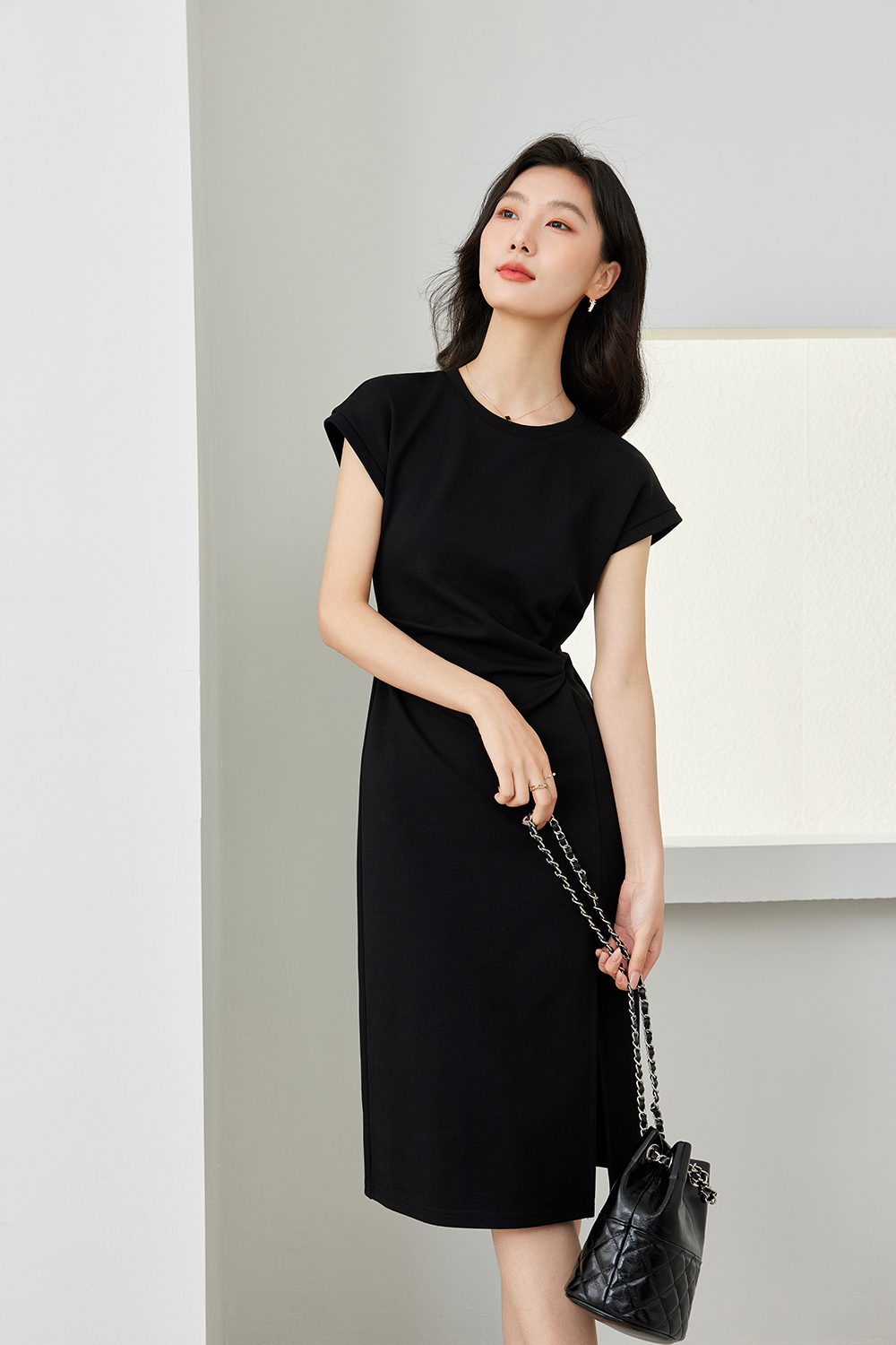 Pleated Cinched Waist Dress