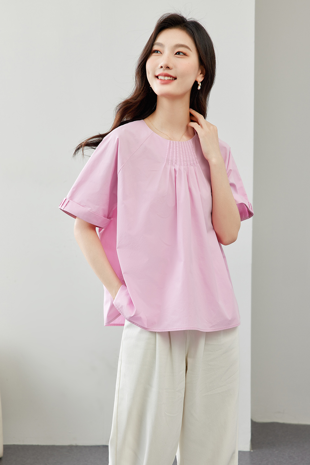 Pleated Decoration Pure Cotton Shirt-VIMLYSTORE
