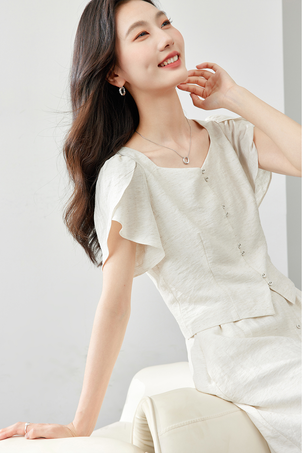 Square Neck Lace Sleeve Suit
