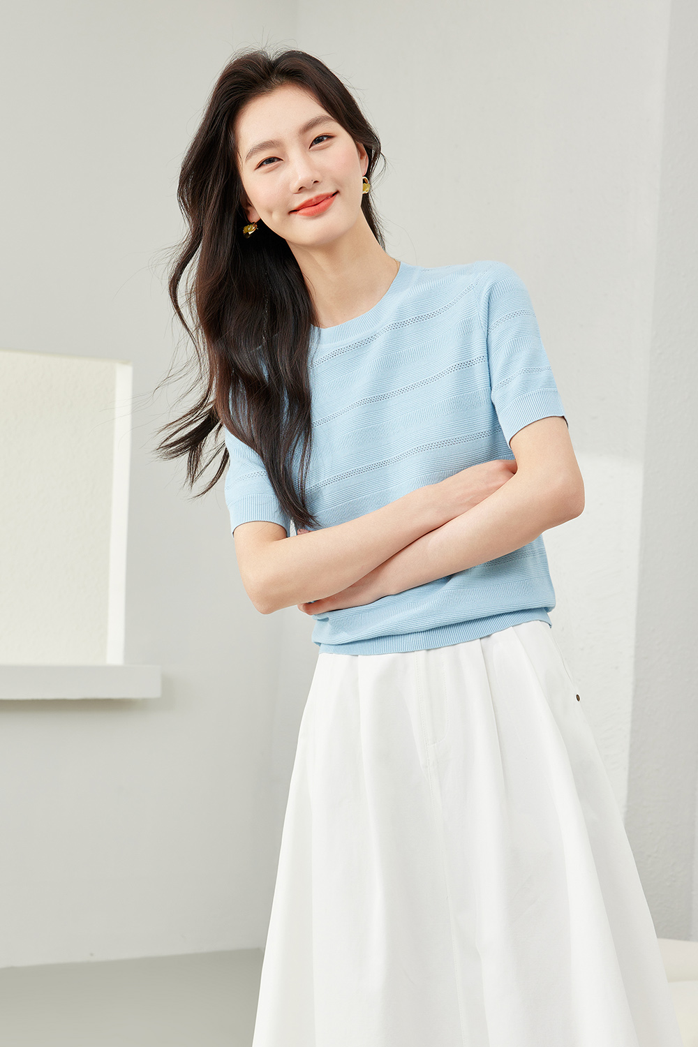 Blue Eyelet Knit Sweater