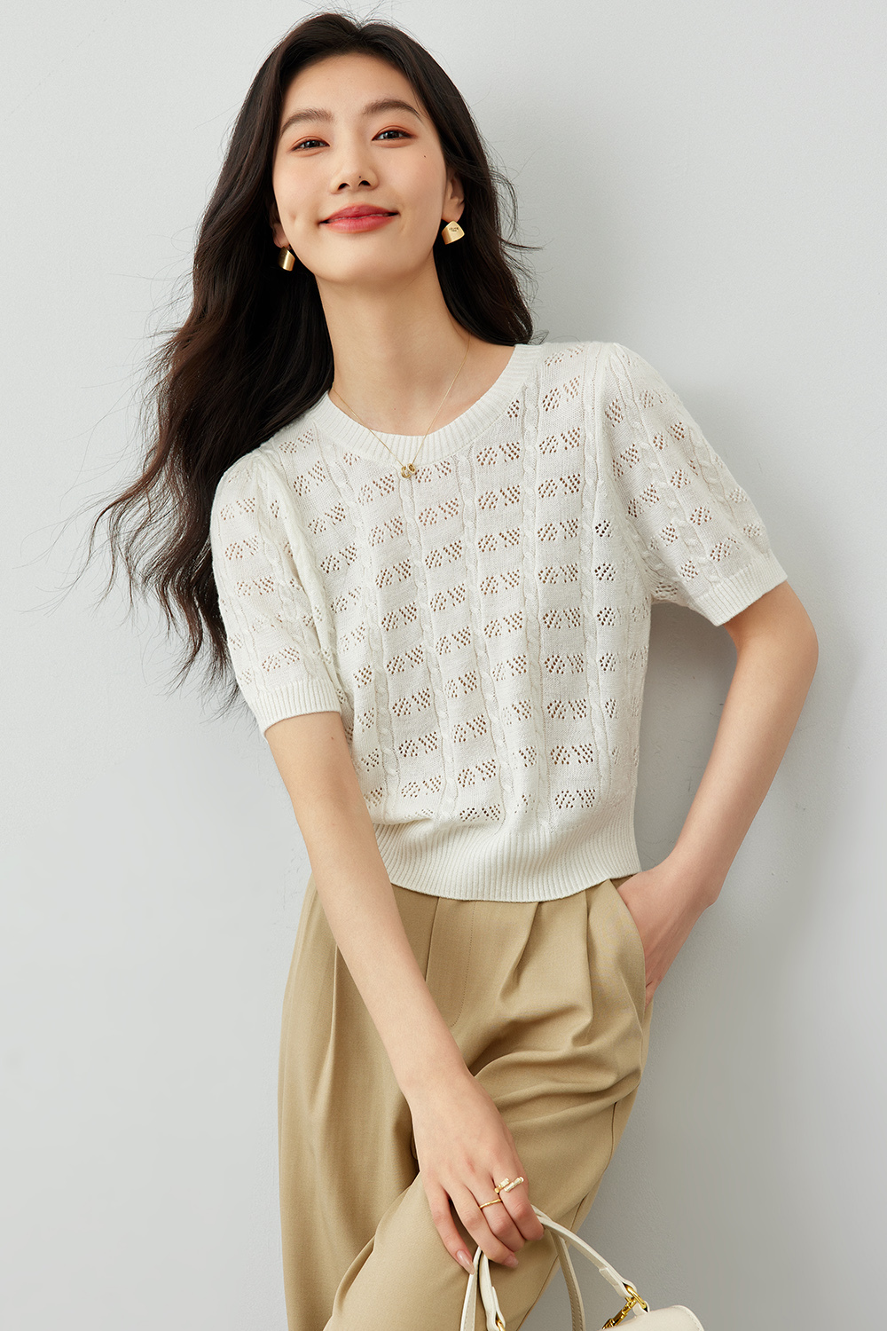 French Hollow Solid Color Knit Sweater
