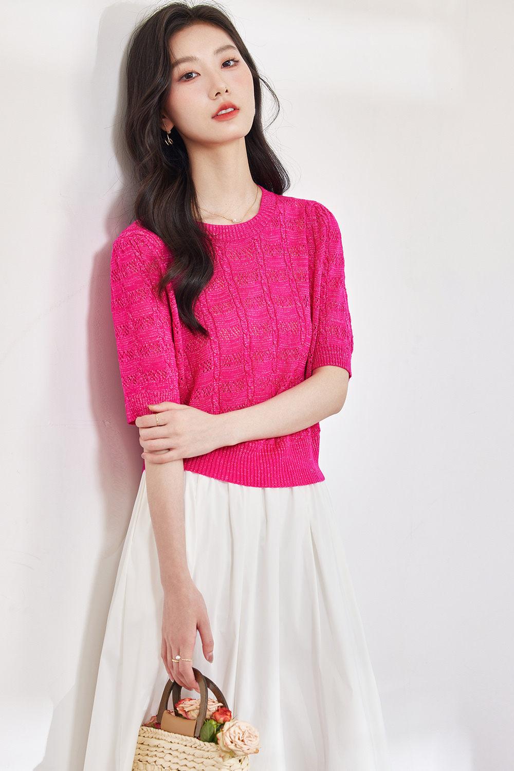 French Hollow Solid Color Knit Sweater