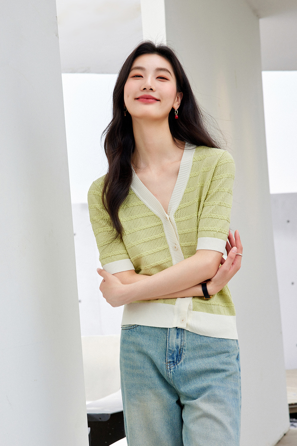 Color-Block French Textured Knit Cardigan