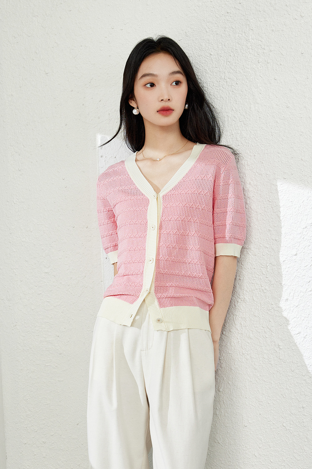 Color-Block French Textured Knit Cardigan