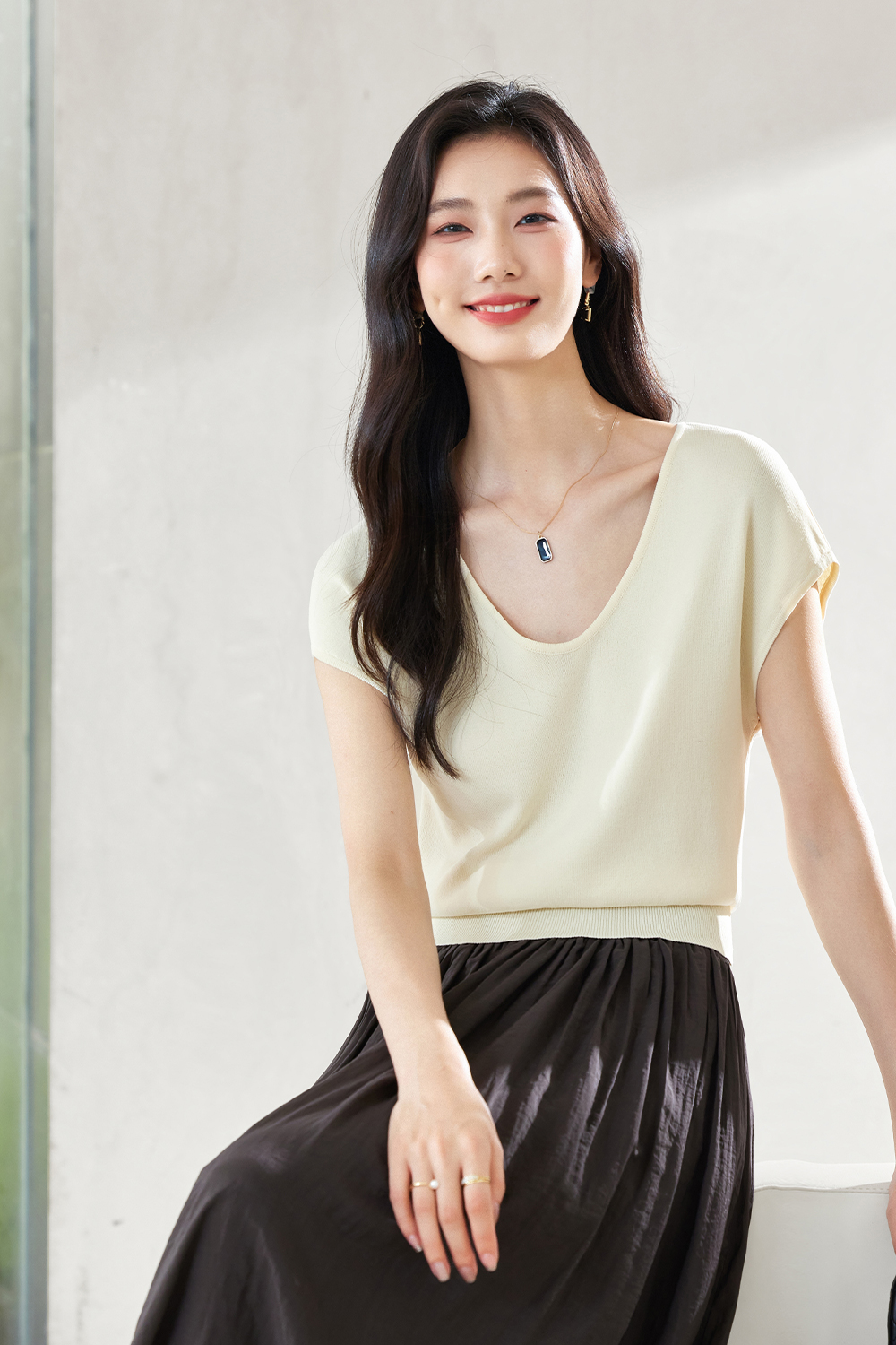 Waist-Cinched Hollowed-Out Knitted Sweater