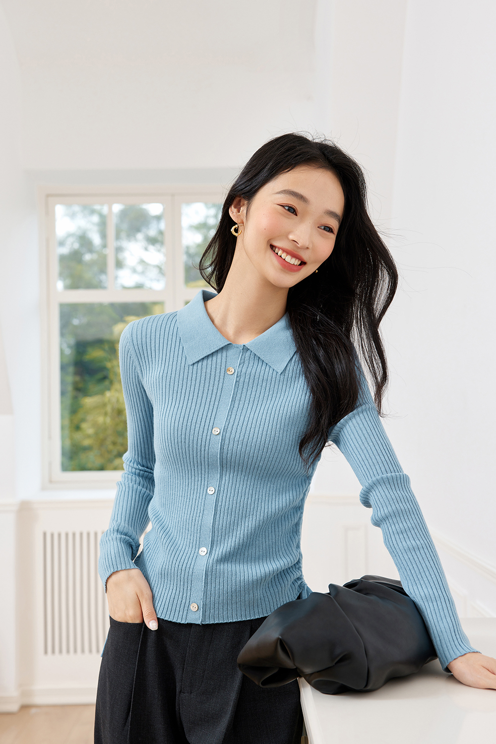 Polo Collar Textured Knitted Sweater