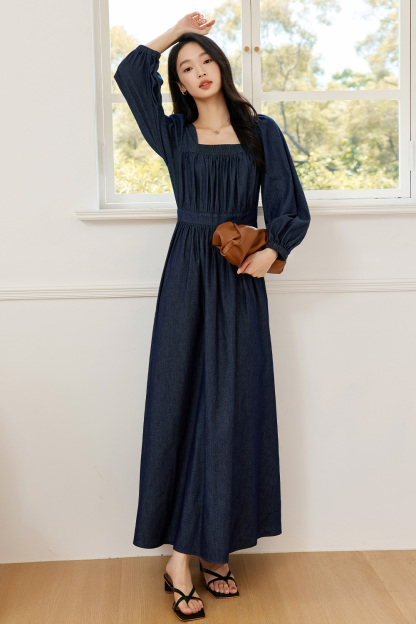 French Square-Neck Denim Dress