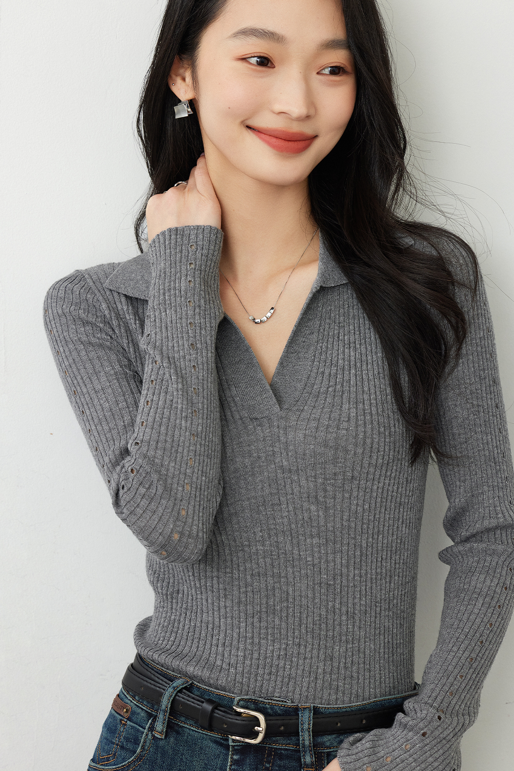 Polo collar commuting knitted sweater