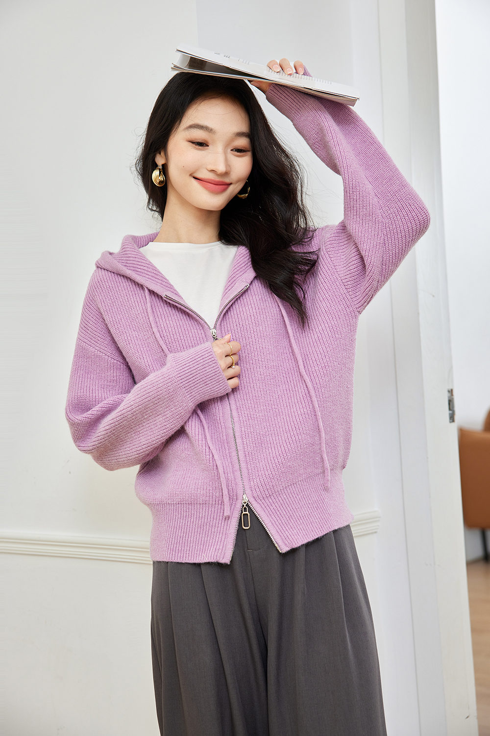 Lazy style hooded knitted jacket-VIMLYSTORE