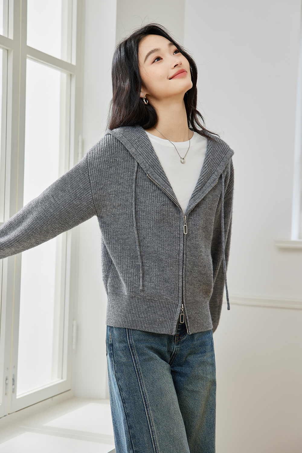 Lazy style hooded knitted jacket-VIMLYSTORE